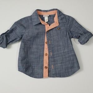 Boys 12m Chambray w/ coral accents button down